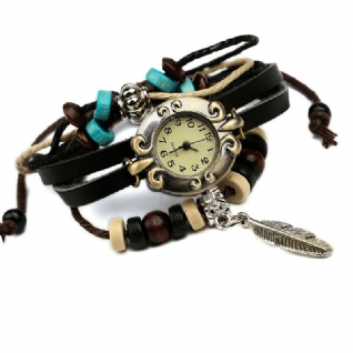 Multicouche Bracelet En Cuir De Vache Montre Feuille Pendentif Petit Cadran Femmes Montre À Quartz