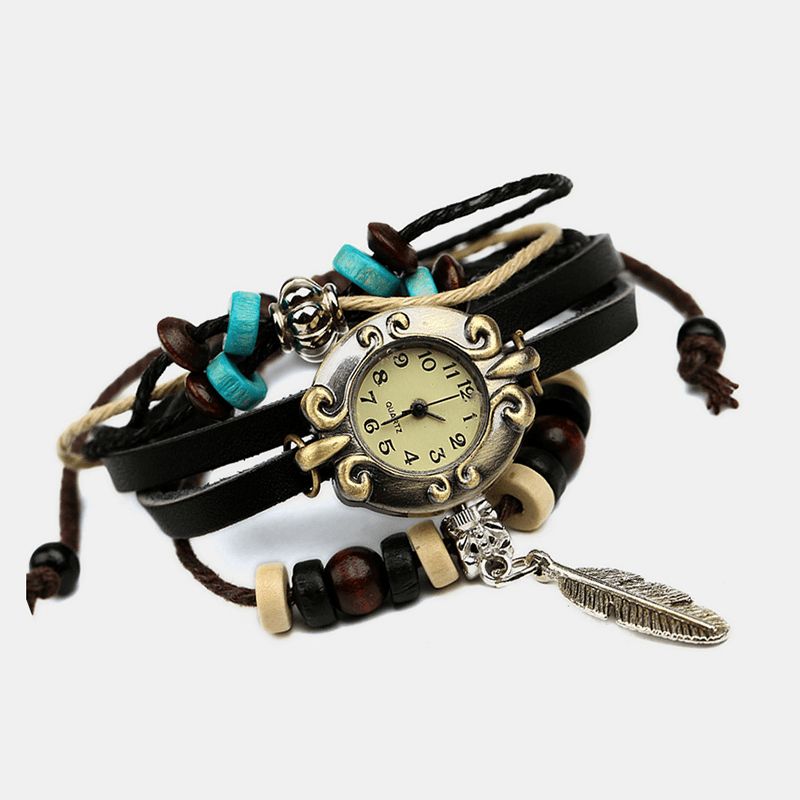 Multicouche Bracelet En Cuir De Vache Montre Feuille Pendentif Petit Cadran Femmes Montre À Quartz