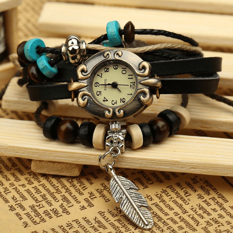 Multicouche Bracelet En Cuir De Vache Montre Feuille Pendentif Petit Cadran Femmes Montre À Quartz