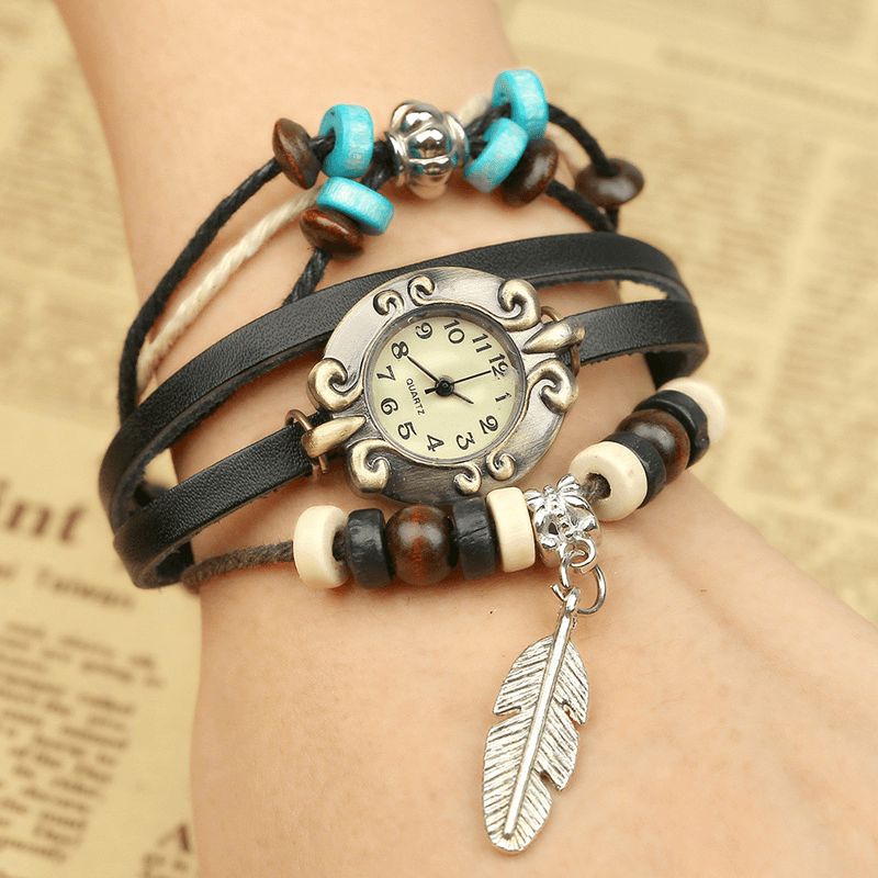 Multicouche Bracelet En Cuir De Vache Montre Feuille Pendentif Petit Cadran Femmes Montre À Quartz