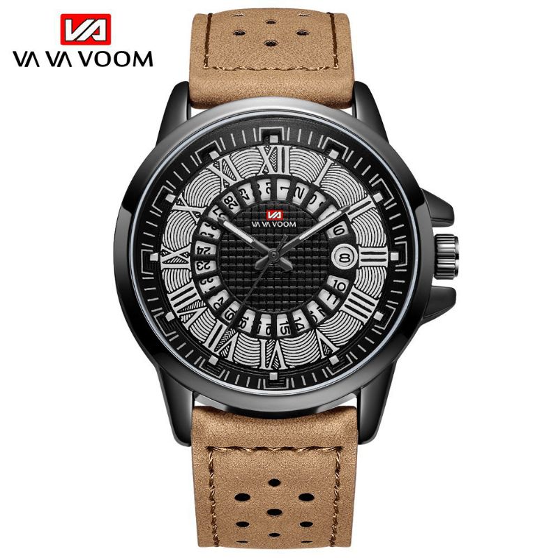 Numéro Romain Business Style Hommes Montre-bracelet Calendrier Étanche Bracelet En Cuir Montre À Quartz