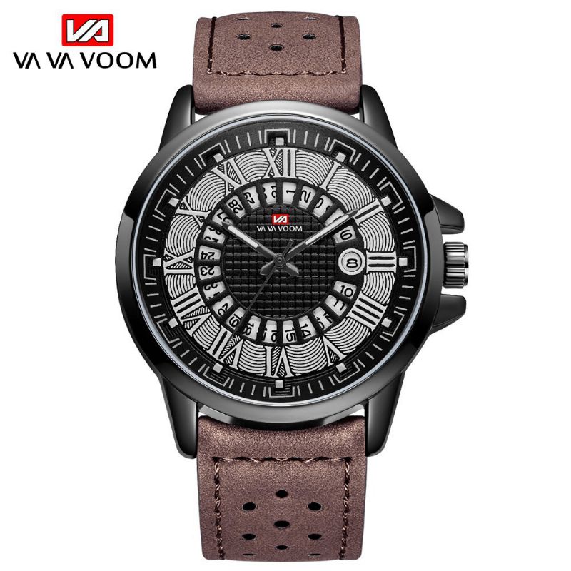 Numéro Romain Business Style Hommes Montre-bracelet Calendrier Étanche Bracelet En Cuir Montre À Quartz