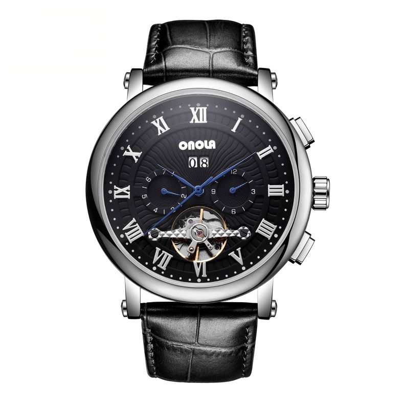 Onola On6801 Mode Hommes Montre Automatique Volant Creux Date Affichage Bracelet En Cuir Montre Mécanique