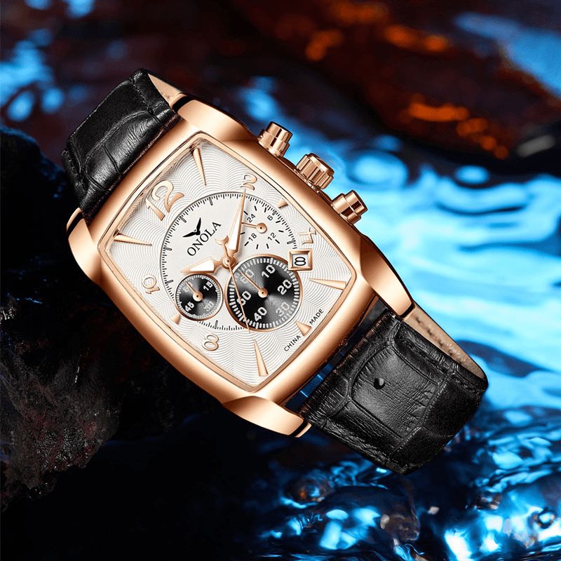 Onola On6818 Business Montre Homme Affichage De La Date Multi-function Waterproof Leather Strap Quartz Montre