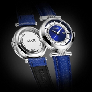 Oubaoer Ob2007 Bleu Strass Femmes Montre-bracelet Bracelet En Cuir Véritable Montres À Quartz