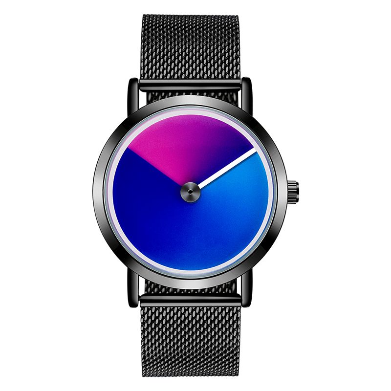 P1031 Mode 3d Gradient Coloré Cadran En Acier Bracelet En Cuir Hommes Montre À Quartz