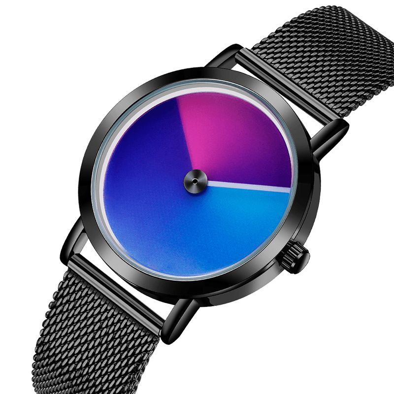 P1031 Mode 3d Gradient Coloré Cadran En Acier Bracelet En Cuir Hommes Montre À Quartz