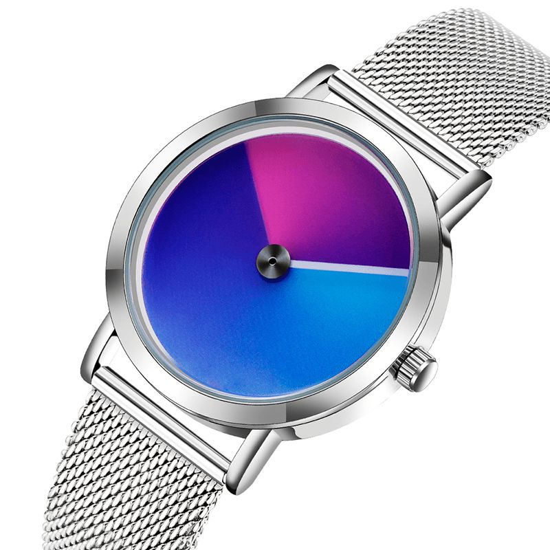 P1031 Mode 3d Gradient Coloré Cadran En Acier Bracelet En Cuir Hommes Montre À Quartz