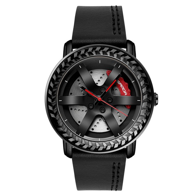 P1050 Modèle De Roue Décontracté 3d Stéréoscopique Évidé Conception Bracelet En Cuir Véritable Étanche Hommes Montre À Quartz