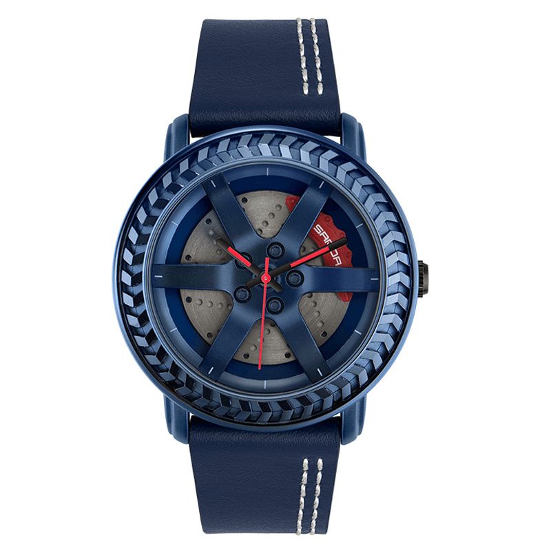 P1050 Modèle De Roue Décontracté 3d Stéréoscopique Évidé Conception Bracelet En Cuir Véritable Étanche Hommes Montre À Quartz