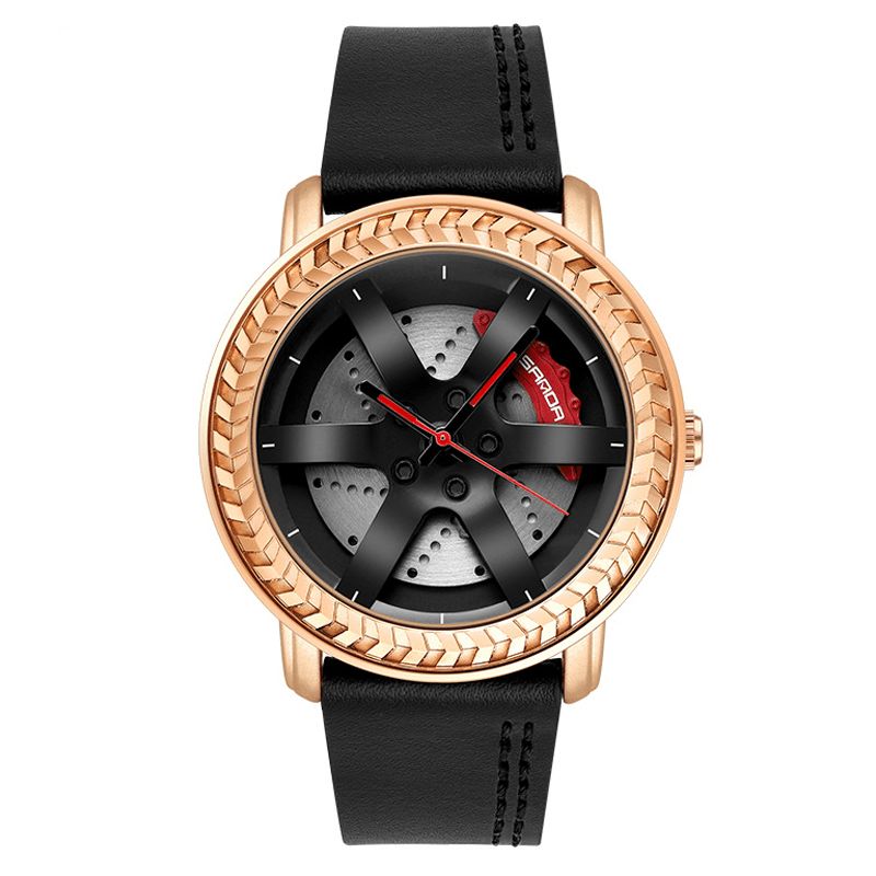 P1050 Modèle De Roue Décontracté 3d Stéréoscopique Évidé Conception Bracelet En Cuir Véritable Étanche Hommes Montre À Quartz