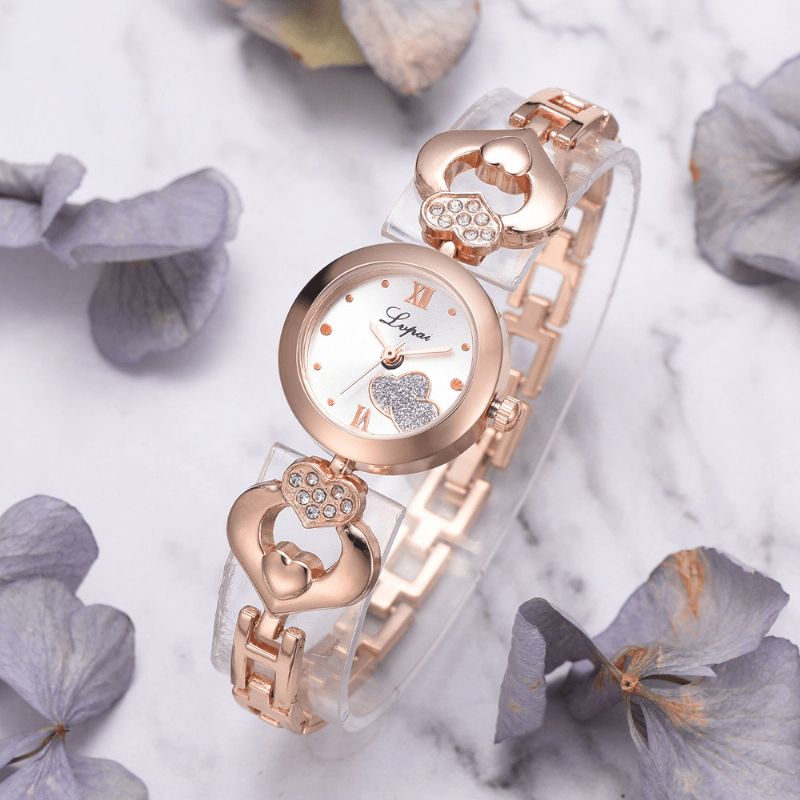 P827 Cristal Amour Coeur Cadeau Femmes Montre-bracelet Plein Acier Style Décontracté Montres À Quartz