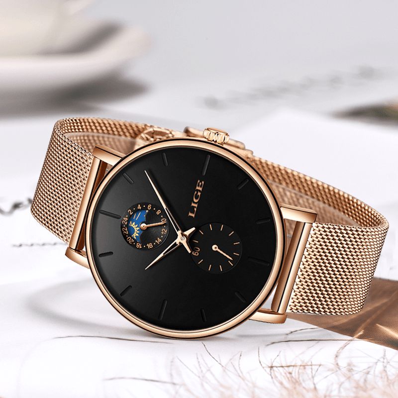 Phase De Lune Affichage De La Date Montre-bracelet Pour Femme Montre À Quartz Étanche En Acier