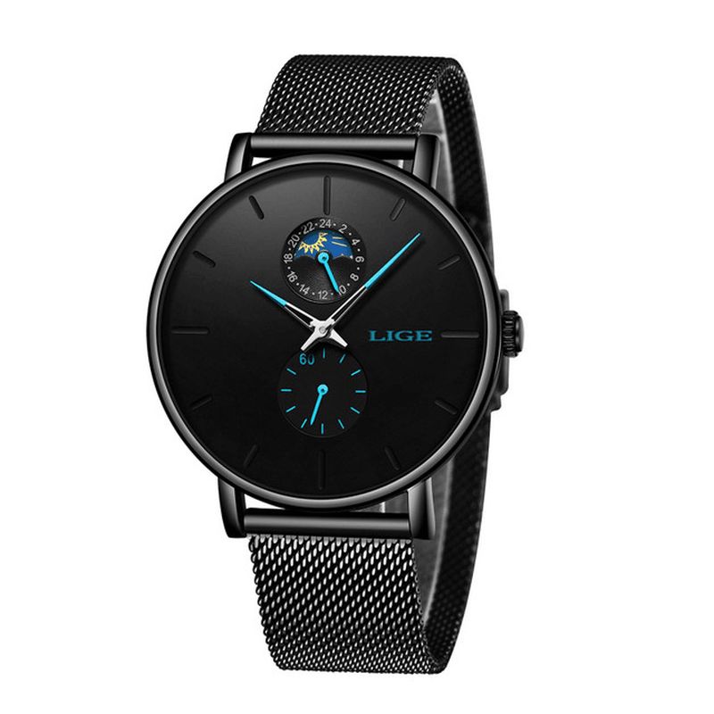 Phase De Lune Affichage De La Date Montre-bracelet Pour Femme Montre À Quartz Étanche En Acier