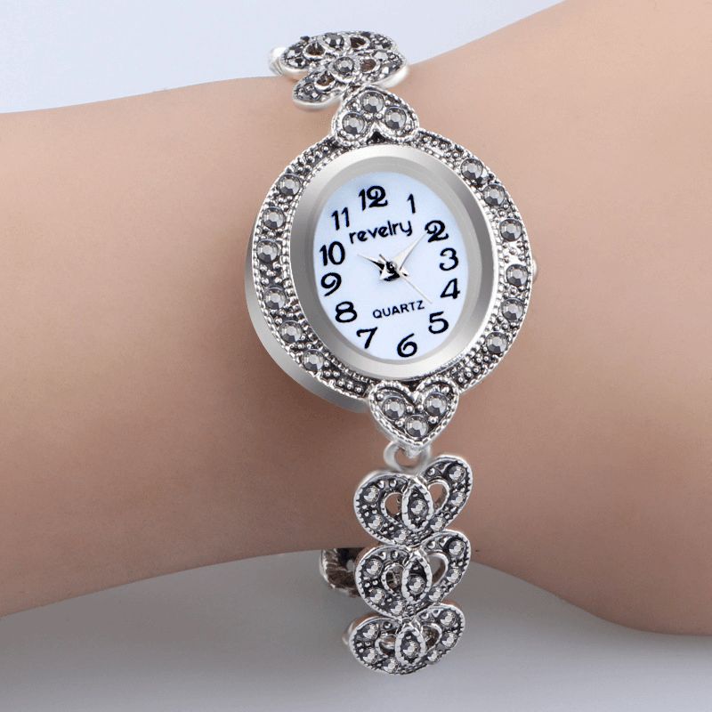 Qingxiya T10 Étanche Cristal Femmes Bracelet Montre Rétro Style Amour Coeur Quartz Montre