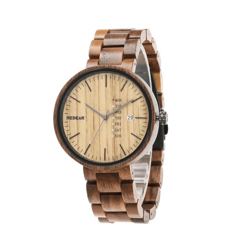 Redear Sj1488 Mode Hommes Montre En Bois Date Semaine Affichage Bracelet En Bois Montre À Quartz