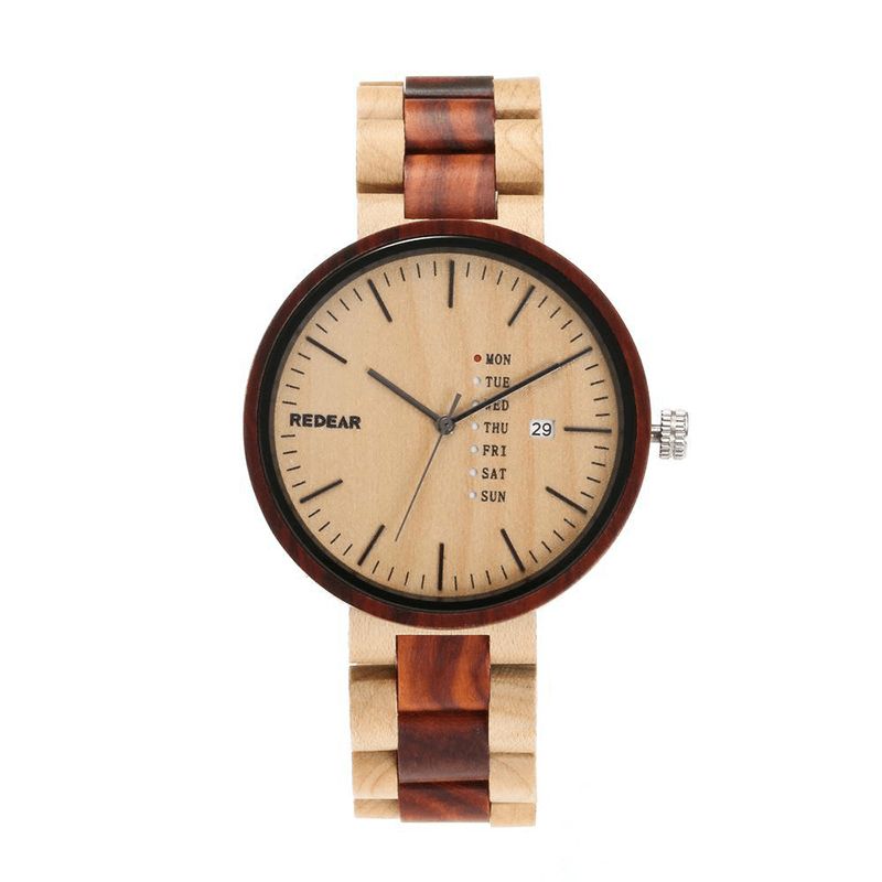 Redear Sj1488 Mode Hommes Montre En Bois Date Semaine Affichage Bracelet En Bois Montre À Quartz