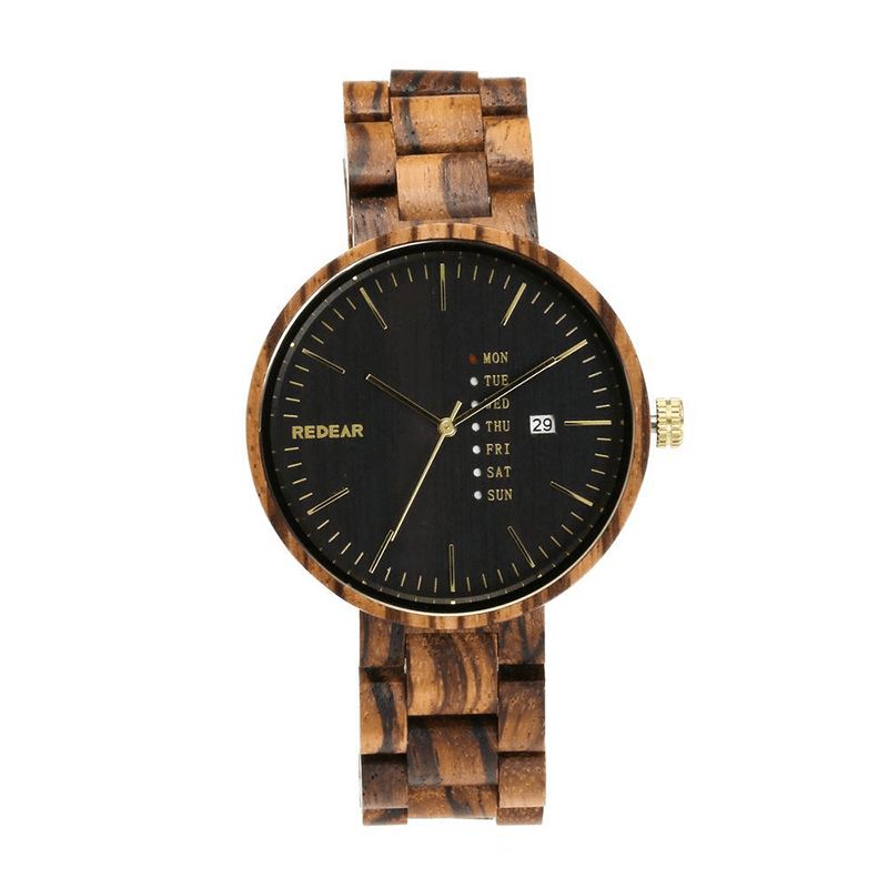 Redear Sj1488 Mode Hommes Montre En Bois Date Semaine Affichage Bracelet En Bois Montre À Quartz