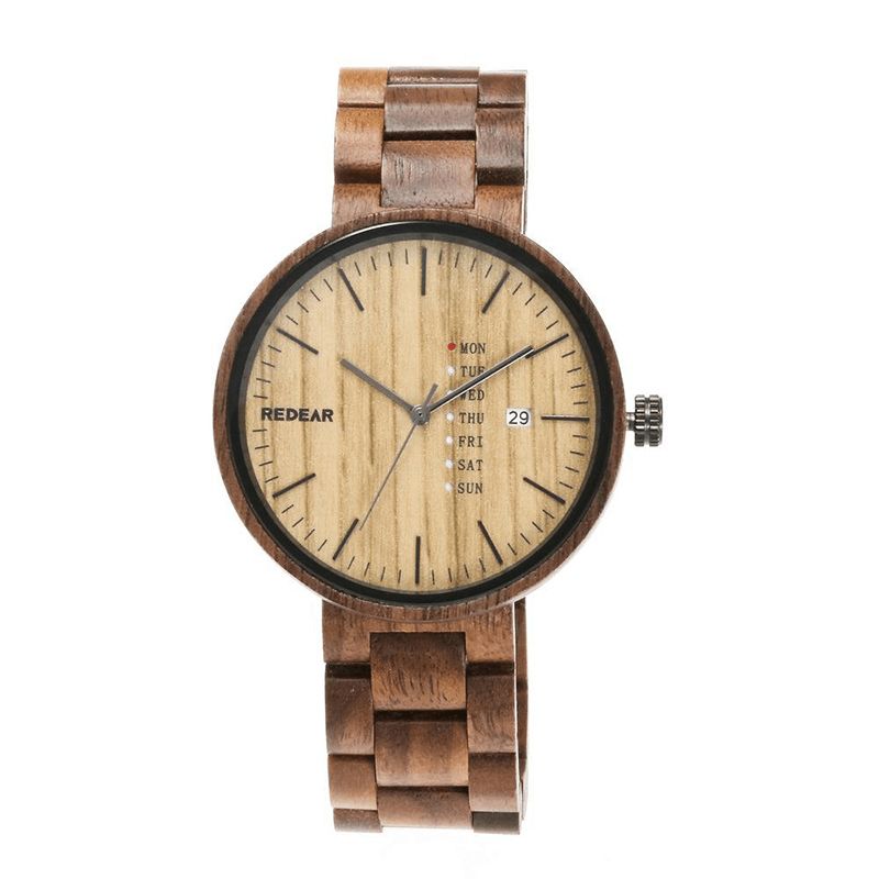 Redear Sj1488 Mode Hommes Montre En Bois Date Semaine Affichage Bracelet En Bois Montre À Quartz