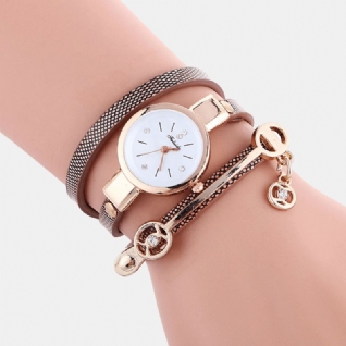 Rétro Bracelet En Cuir Synthétique Polyuréthane Strass Montre Multicouche Pendentif En Métal Réglable Classique Dame Montre À Quartz