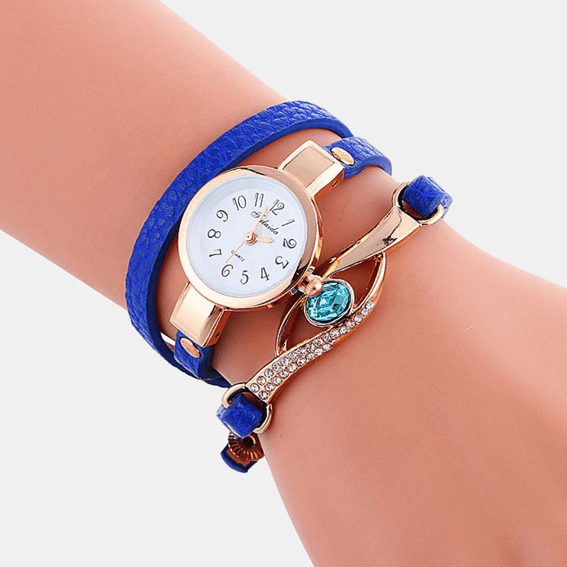 Rétro Bracelet En Cuir Synthétique Polyuréthane Strass Multi-couches Dame Montre Métal Bleu Cristal Réglable Montre-bracelet Montre À Quartz