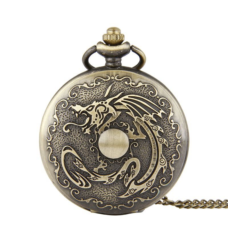 Rétro Bronze Classique Dragon Motif Chaîne Montre De Poche À Quartz