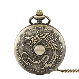 Rétro Bronze Classique Dragon Motif Chaîne Montre De Poche À Quartz