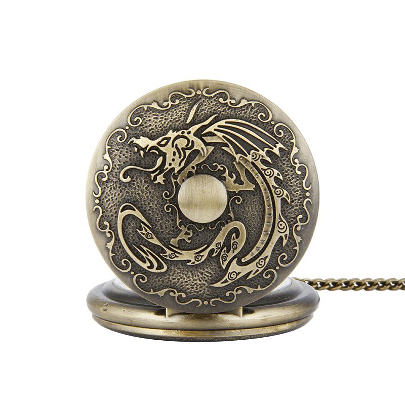 Rétro Bronze Classique Dragon Motif Chaîne Montre De Poche À Quartz