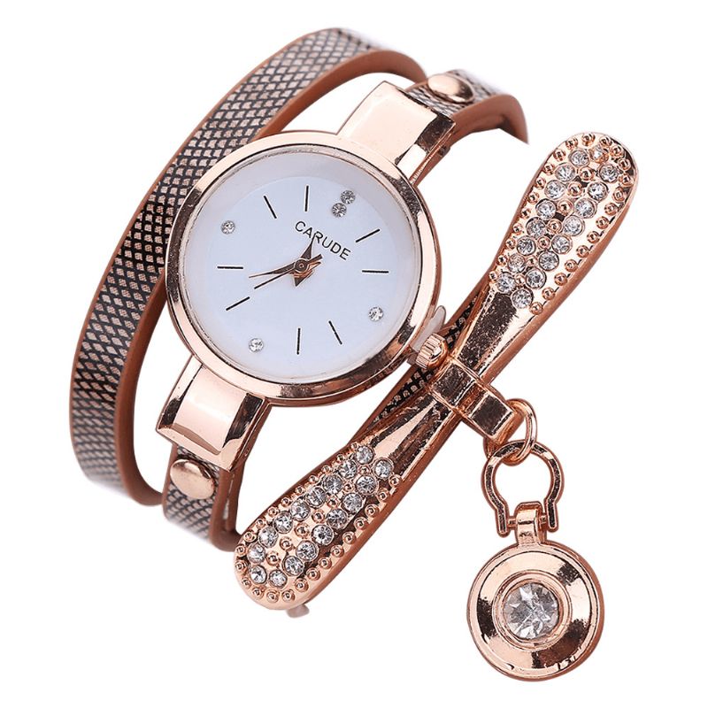 Rétro Pu Strap Multi-couche Lady Montre Métal Géométrique Strass Arc Pendentif Femmes Montre À Quartz