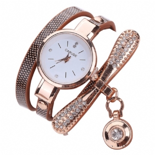 Rétro Pu Strap Multi-couche Lady Montre Métal Géométrique Strass Arc Pendentif Femmes Montre À Quartz