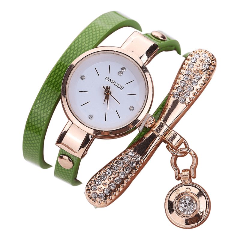 Rétro Pu Strap Multi-couche Lady Montre Métal Géométrique Strass Arc Pendentif Femmes Montre À Quartz