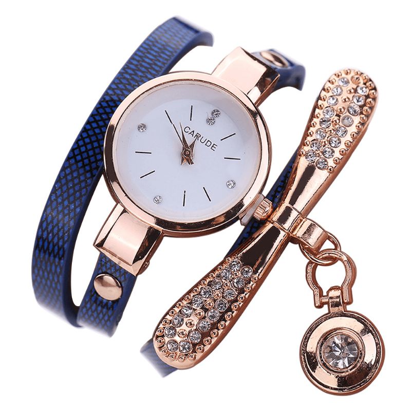 Rétro Pu Strap Multi-couche Lady Montre Métal Géométrique Strass Arc Pendentif Femmes Montre À Quartz