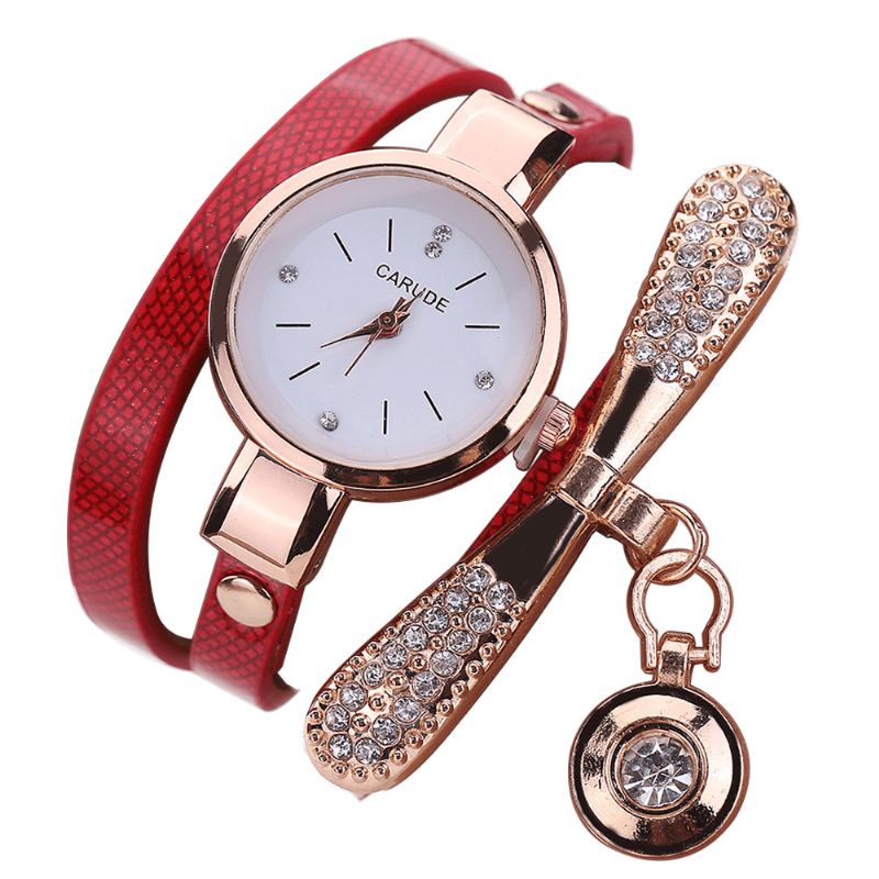 Rétro Pu Strap Multi-couche Lady Montre Métal Géométrique Strass Arc Pendentif Femmes Montre À Quartz