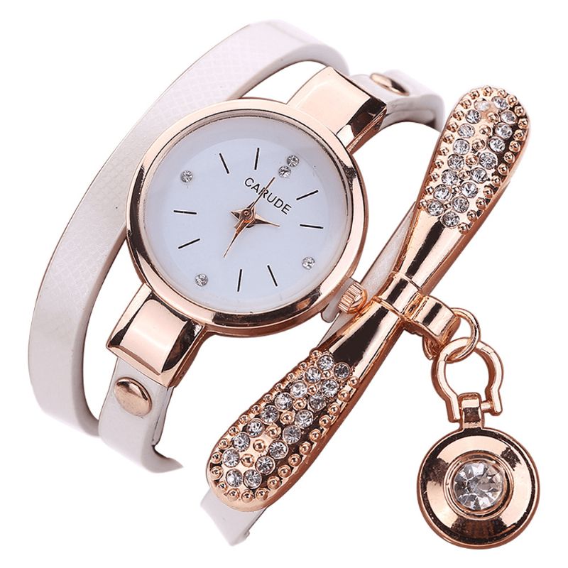 Rétro Pu Strap Multi-couche Lady Montre Métal Géométrique Strass Arc Pendentif Femmes Montre À Quartz