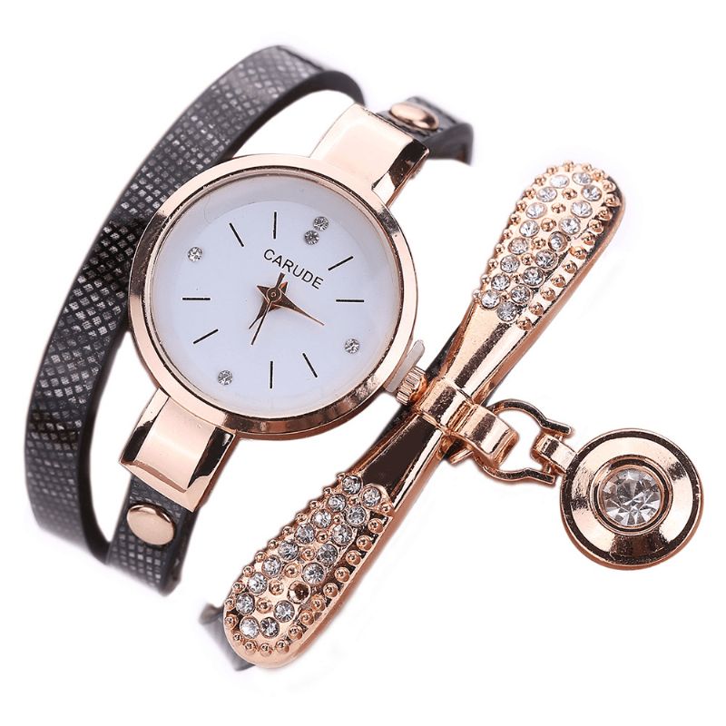 Rétro Pu Strap Multi-couche Lady Montre Métal Géométrique Strass Arc Pendentif Femmes Montre À Quartz