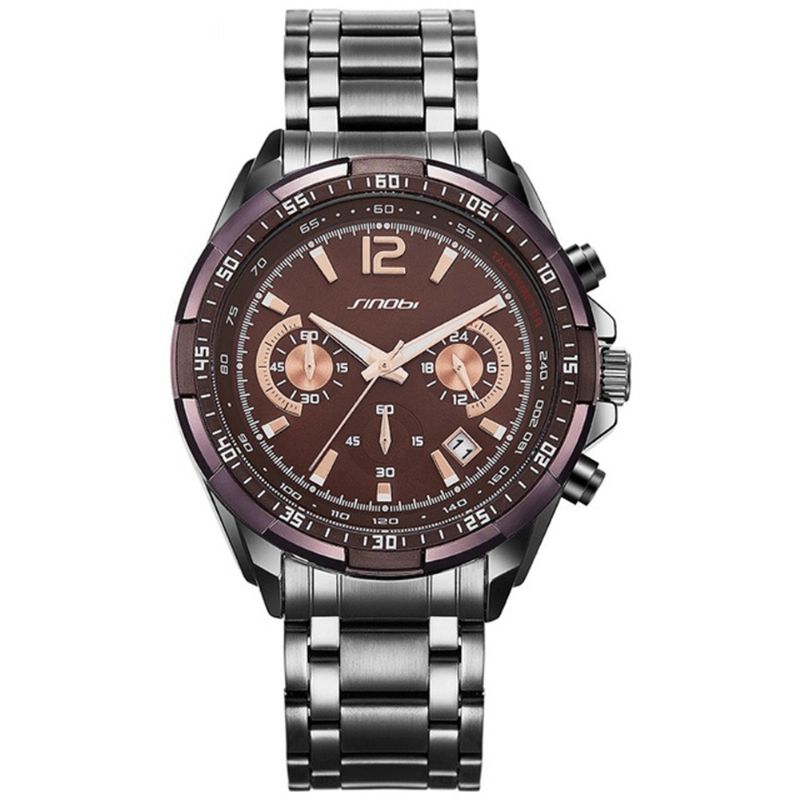 Sinobi 9696 Calendrier Étanche Hommes Montre Plein Acier Affichage Lumineux Montre À Quartz