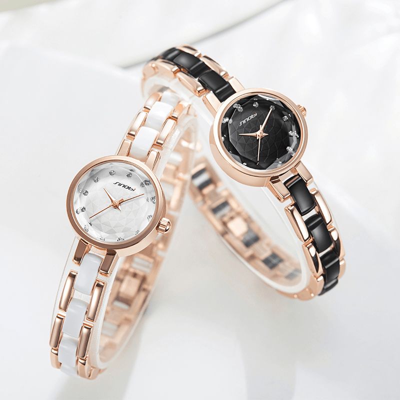 Sinobi 9836 Femmes Simple Trois Broches Cristal Diamants Cadran Mode Céramique Bracelet En Acier Montre À Quartz