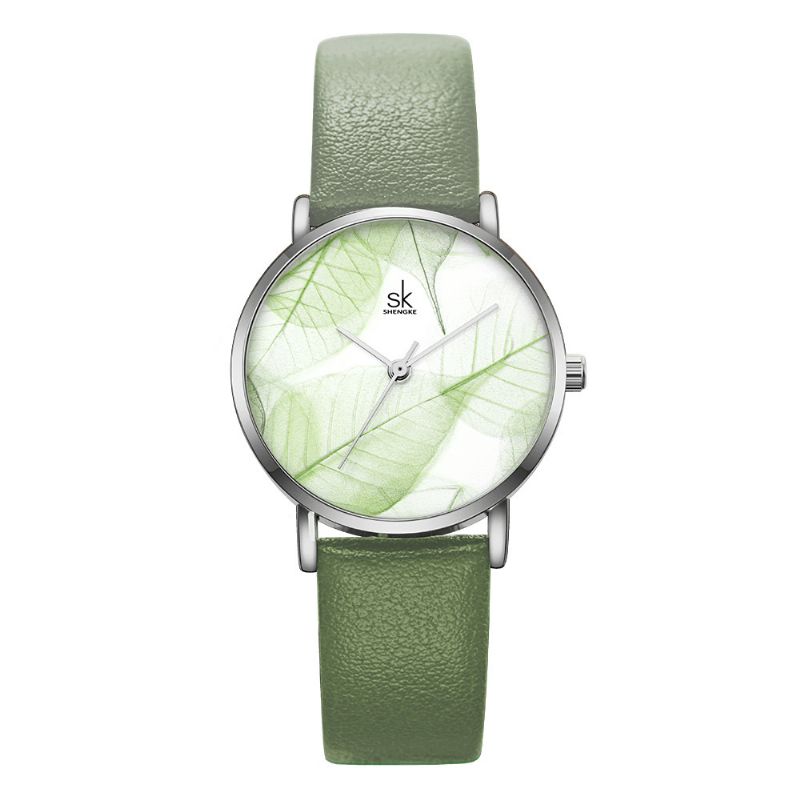 Sk K0108 Printemps Vert Jade Calme Feuille Marron Cadran Mode Bracelet En Cuir Femmes Montre À Quartz