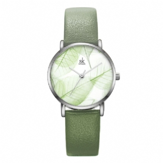 Sk K0108 Printemps Vert Jade Calme Feuille Marron Cadran Mode Bracelet En Cuir Femmes Montre À Quartz