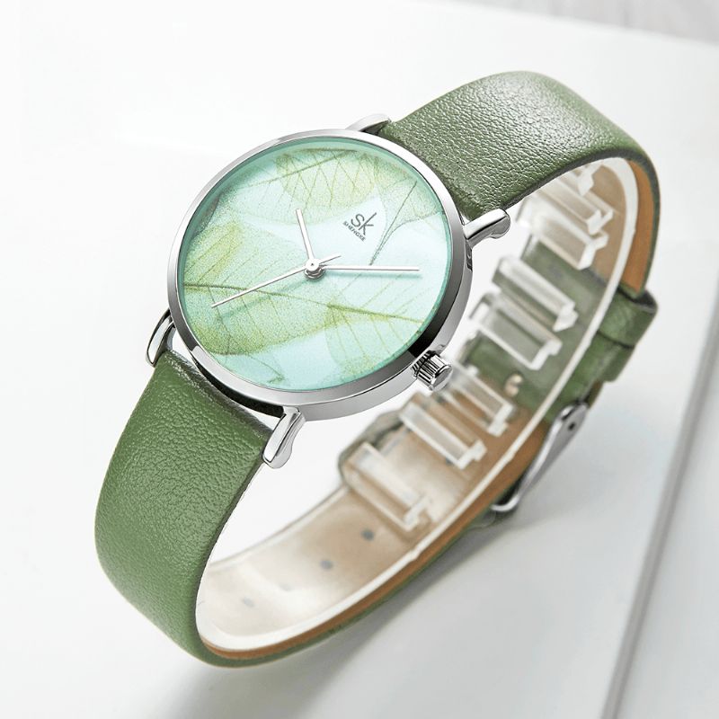 Sk K0108 Printemps Vert Jade Calme Feuille Marron Cadran Mode Bracelet En Cuir Femmes Montre À Quartz