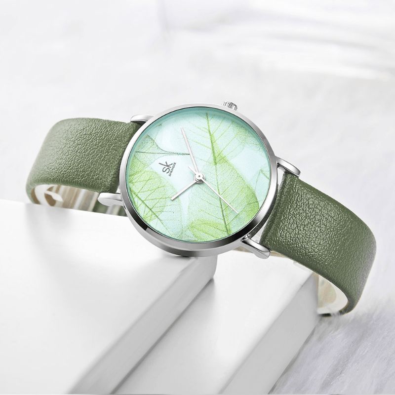 Sk K0108 Printemps Vert Jade Calme Feuille Marron Cadran Mode Bracelet En Cuir Femmes Montre À Quartz