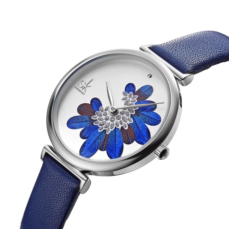 Sk K0123 Feuilles Motif Cristal Fleurs Femme Mode Femmes Élégantes Dames En Cuir Montre À Quartz