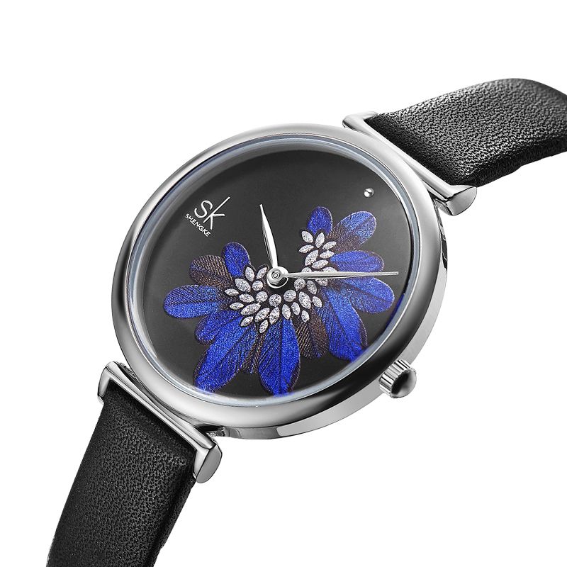 Sk K0123 Feuilles Motif Cristal Fleurs Femme Mode Femmes Élégantes Dames En Cuir Montre À Quartz