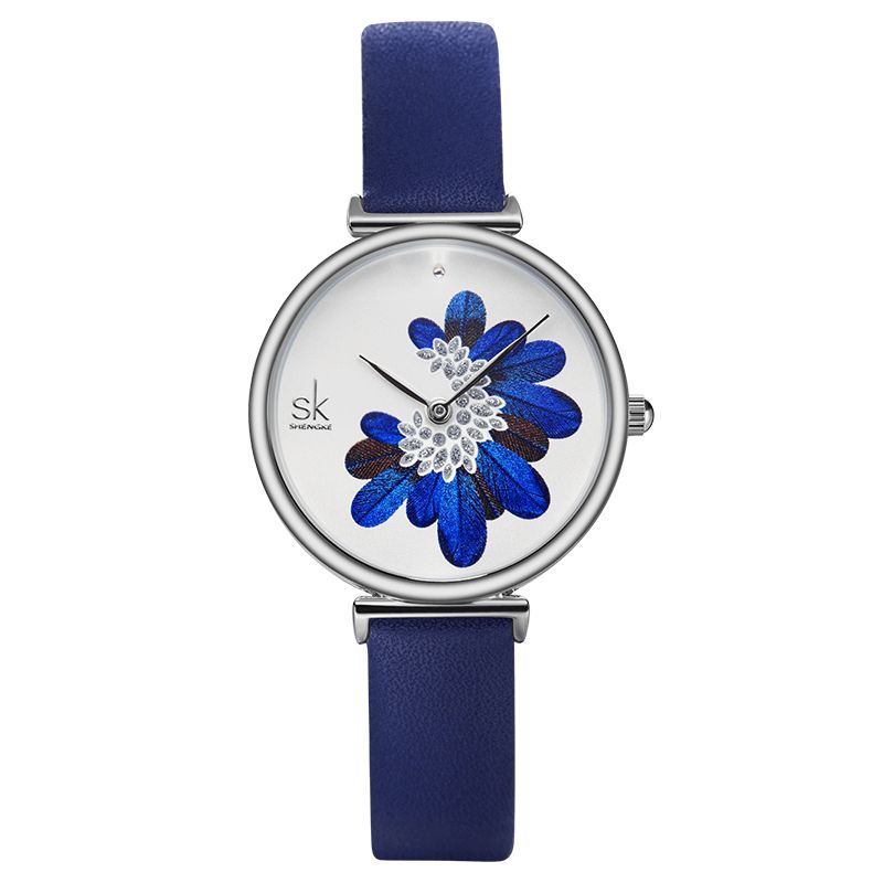 Sk K0123 Feuilles Motif Cristal Fleurs Femme Mode Femmes Élégantes Dames En Cuir Montre À Quartz