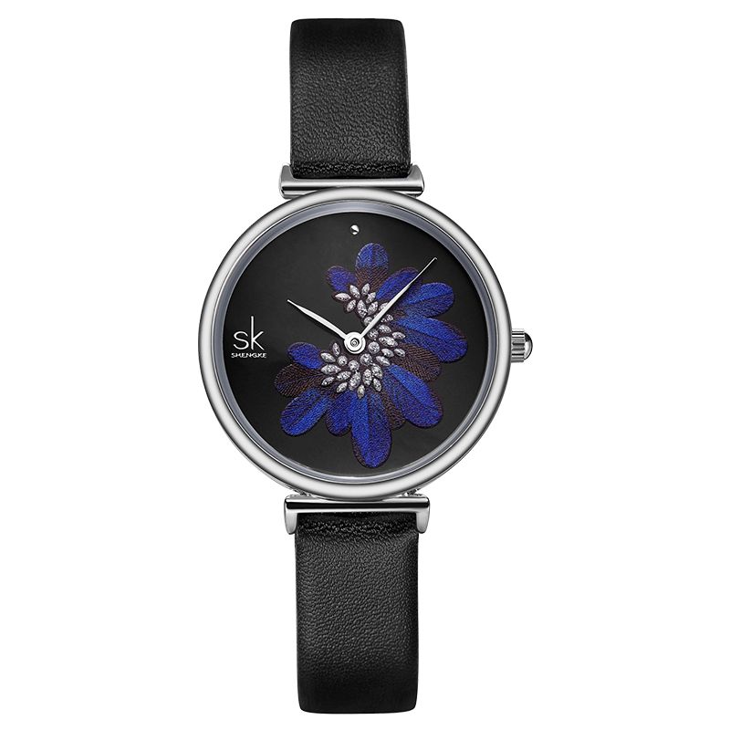 Sk K0123 Feuilles Motif Cristal Fleurs Femme Mode Femmes Élégantes Dames En Cuir Montre À Quartz