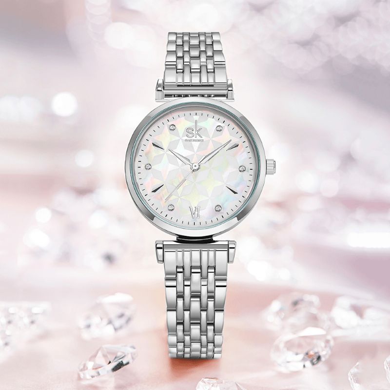 Sk K0136 Cadran En Cristal Motif De Fleurs En Acier Inoxydable Dames Robe Femmes Montre À Quartz