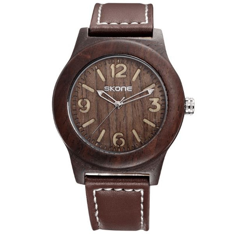 Skone 3842 Mode Hommes Montre À Quartz Bracelet En Cuir Décontracté Montre-bracelet En Bois