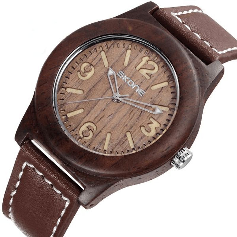 Skone 3842 Mode Hommes Montre À Quartz Bracelet En Cuir Décontracté Montre-bracelet En Bois