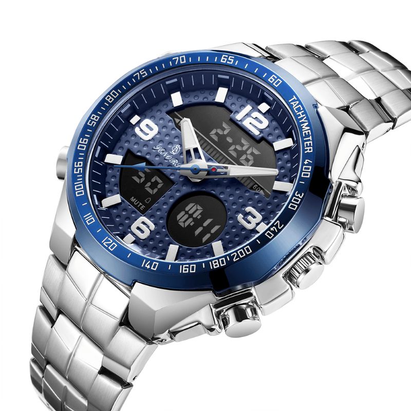 Sn013 Alarme Chronomètre Chronographe Calendrier Lumineux Hommes Étanche Bracelet En Acier Inoxydable Double Affichage Montre Numérique