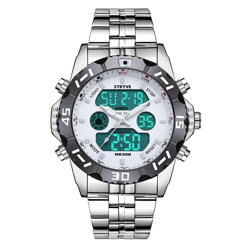 Stryve S8011 Chronographe Alarme Calendrier Acier Inoxydable Sport Montre Numérique Double Affichage